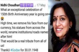 गांधींविषयीच्या वादग्रस्त ट्विटवर निधी चौधरींची फेसबुक पोस्टद्वारे सारवासारव